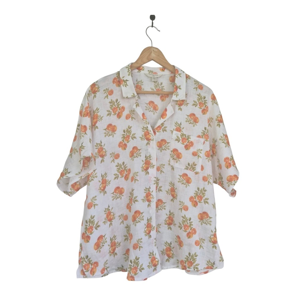 Garnet Hill Linen Shirt Womens 16 Orange Fruit Print Button Up Cottagecore